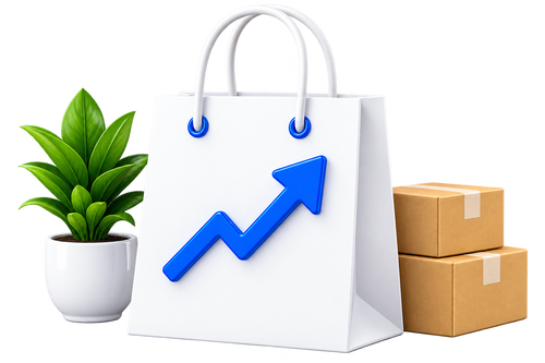A white shopping bag with a blue upward-trending arrow graphic on the front, shown on a black background with a small green potted plant on the left and two brown cardboard boxes on the right.